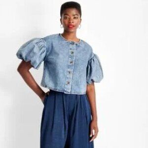 Future Collective Denim Puff Sleeve Button-Up Top Size Large Women's